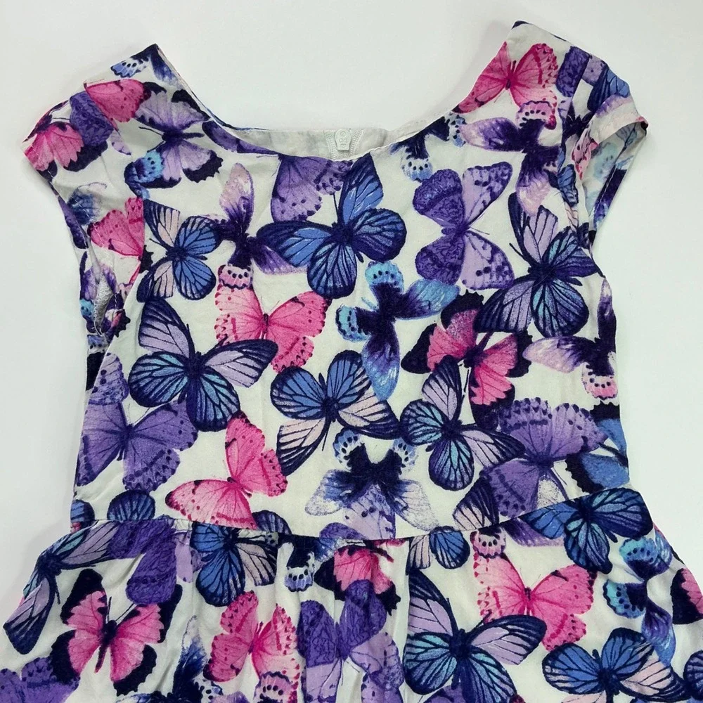 The Children's Place White Purple Butterfly Dress Kids Size 6 Ruffle Cap Sleeve